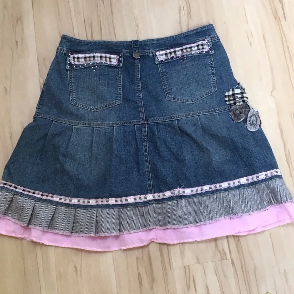 Y2K Rhinestone Bling Plaid Flower Ruffled Blue‎ Jean Denim Pleat Twee Mini Skirt